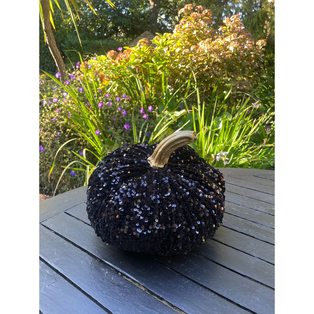 Jumbo XXL Sparkly Velvet Sequin Pumpkin with Real Stem