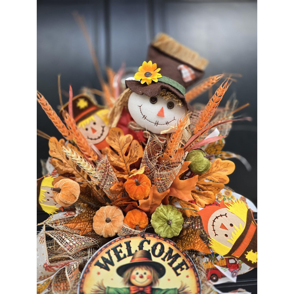 XL Autumn Fall Orange Scarecrow Harvest Front Door Wreath Luxury Rustic Wall Porch Hanger House Home Decor Decorations Thanksgiving Boho