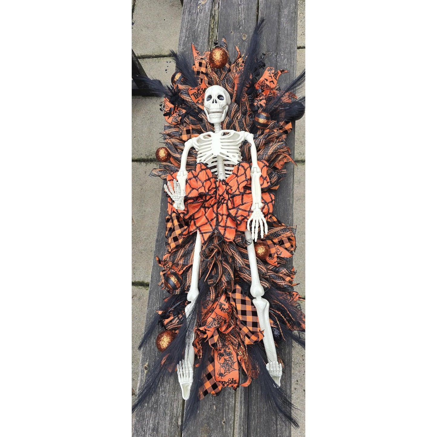 XXL Skeleton Orange Halloween Front Door Wreath Gothic Hanger Wall Porch Hanger Handmade House Home Decor Decorations Whimsical Skelly Glam