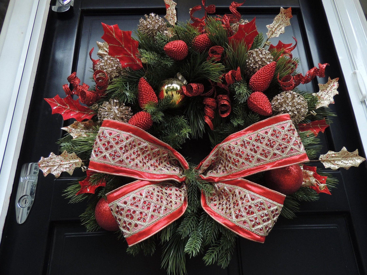 Luxury Designer Christmas Wreath | Elegant Red & Gold Front Door Wreath | 60cm (24")