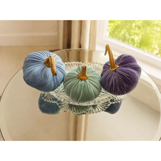 SET 3 X-SMALL Pastel Blue Mint Lavender Silk Velvet Pumpkins, Cozy Home Decor, Wedding Decor, Summer Bowl Fillers, Seasonal Modern Decor