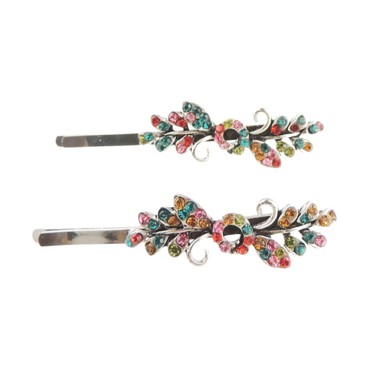 Womens Silver Tone Sparkly Bow Rhinestone Jeweled Crystal Diamante Party Birthday Christmas Bridal Wedding Slides Hairpin Hair Clips Grips Bobby Pins Set of 2 Flower Floral (Multi)