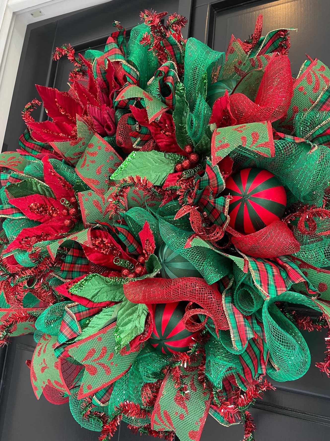 Traditional Red and Green Christmas Wreath Front Door,Classic Holiday Door Decor,Festive Handmade Winter Wreath,Velvet Poinsettia Wreath