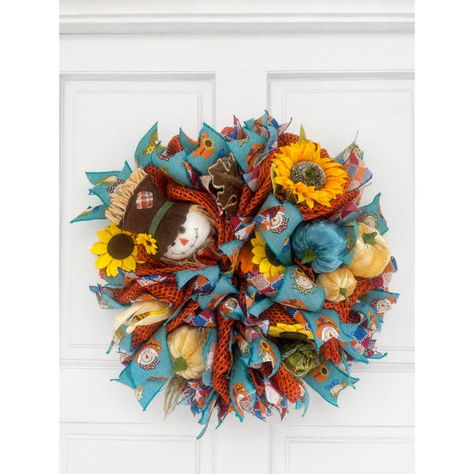 Scarecrow Rustic Fall Wreath Front Door,Pumpkin Handmade Harvest Door Decor,Country Autumn Wreath, Seasonal Decoration Teal Yellow Orange