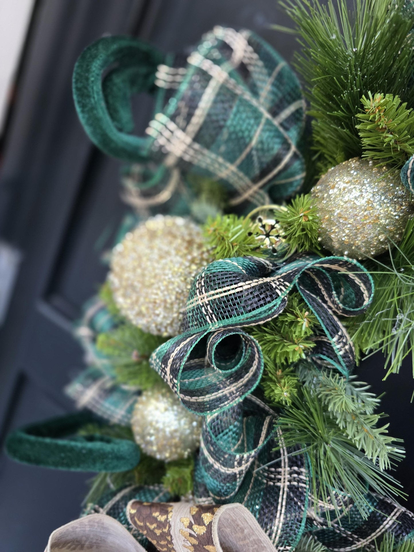 Luxury Gold & Green Christmas Wreath | Long Needle Pine Front Door Wreath | 60cm (24")