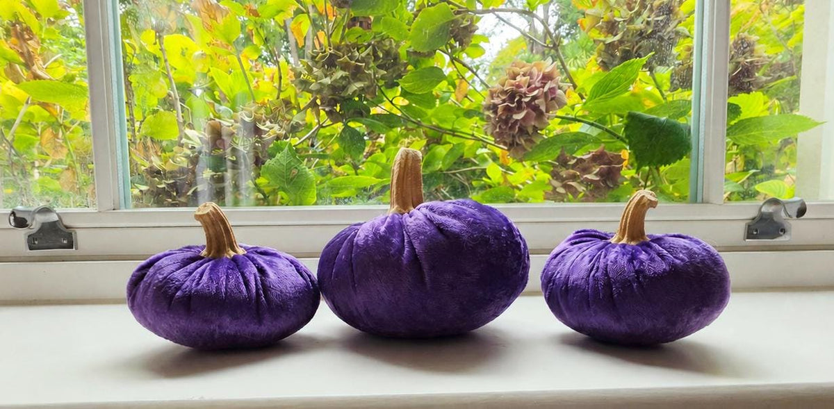 Purple Velvet Pumpkin Set of 3, Halloween Decorations, Autumn Fall Table Mantel Decor