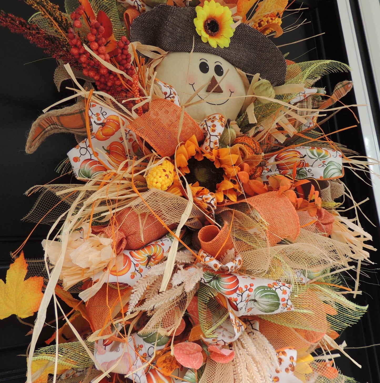 XXL Scarecrow Orange Halloween Front Door Wreath Swag Teardrop Hanger Wall Porch Hanger Handmade House Home Decor Decorations Glam