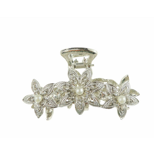 Womens Crystal Rhinestone Diamante Bridal Wedding Guest Party Silver Tone Faux Pearl Hair Bulldog Crab Octopus Spider Jaw Styling SMALL Metal Hair Claw Clamp Clip Daisy Flowers Daisy Flower
