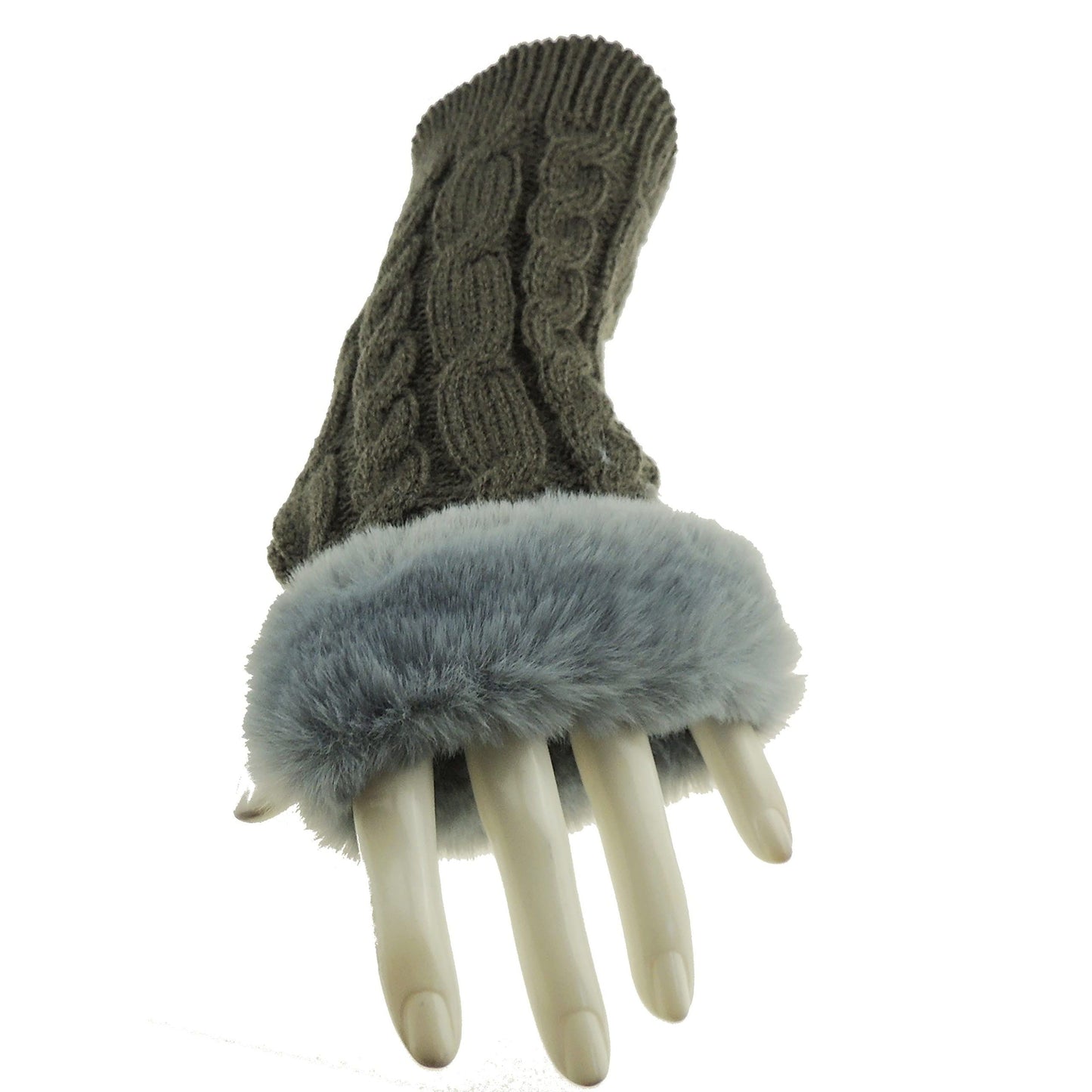 Glamour Girlz Womens Girls Faux Fur Cable Knitted Knit Thermal Fleece Warm Winter Outdoor Hiking Cold Weather Driving Cycling Christmas Birthday Hand Warmers Fingerless Half Gloves Mitts Mittens