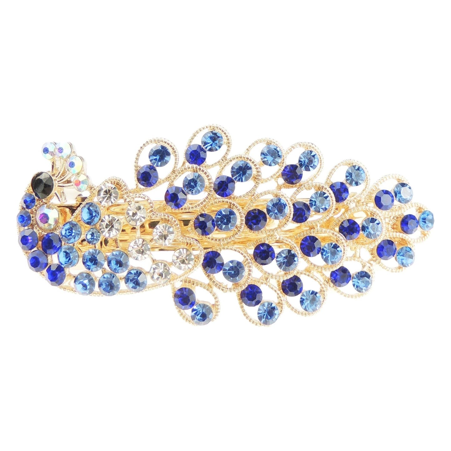 Sparkly Womens Girls Crystal Rhinestone Diamante Wedding Bridal Party Evening Ponytail Fine Hair Accessories Occasion Barrette Hairpin Grip French Metal Spring Clip Peacock Bird Gold Tone (Purple)