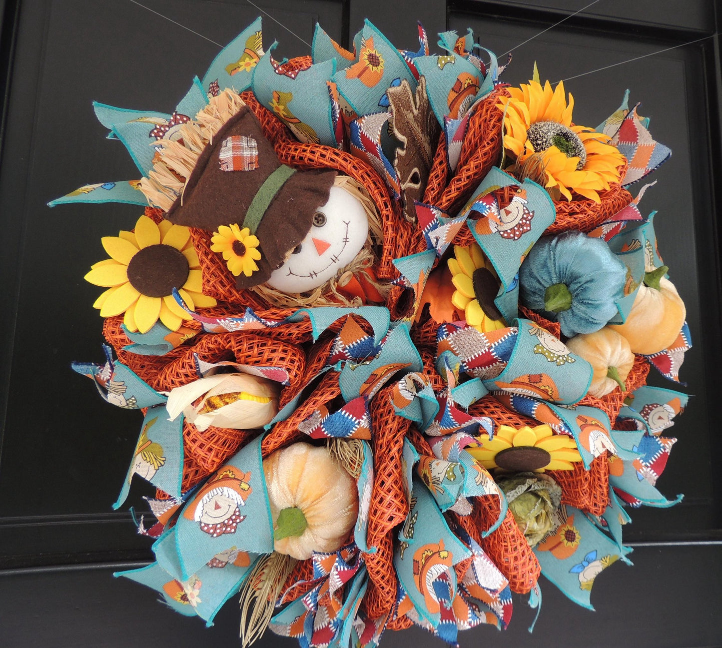 Scarecrow Rustic Fall Wreath Front Door,Pumpkin Handmade Harvest Door Decor,Country Autumn Wreath, Seasonal Decoration Teal Yellow Orange