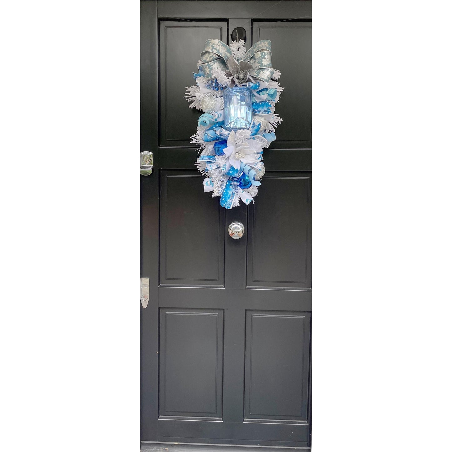 XL Ice Blue Snow Flocked  Luxury Teardrop Christmas Front Door Wreath White Home Decoration Xmas Winter Mantle Decor Holiday Advent Swag