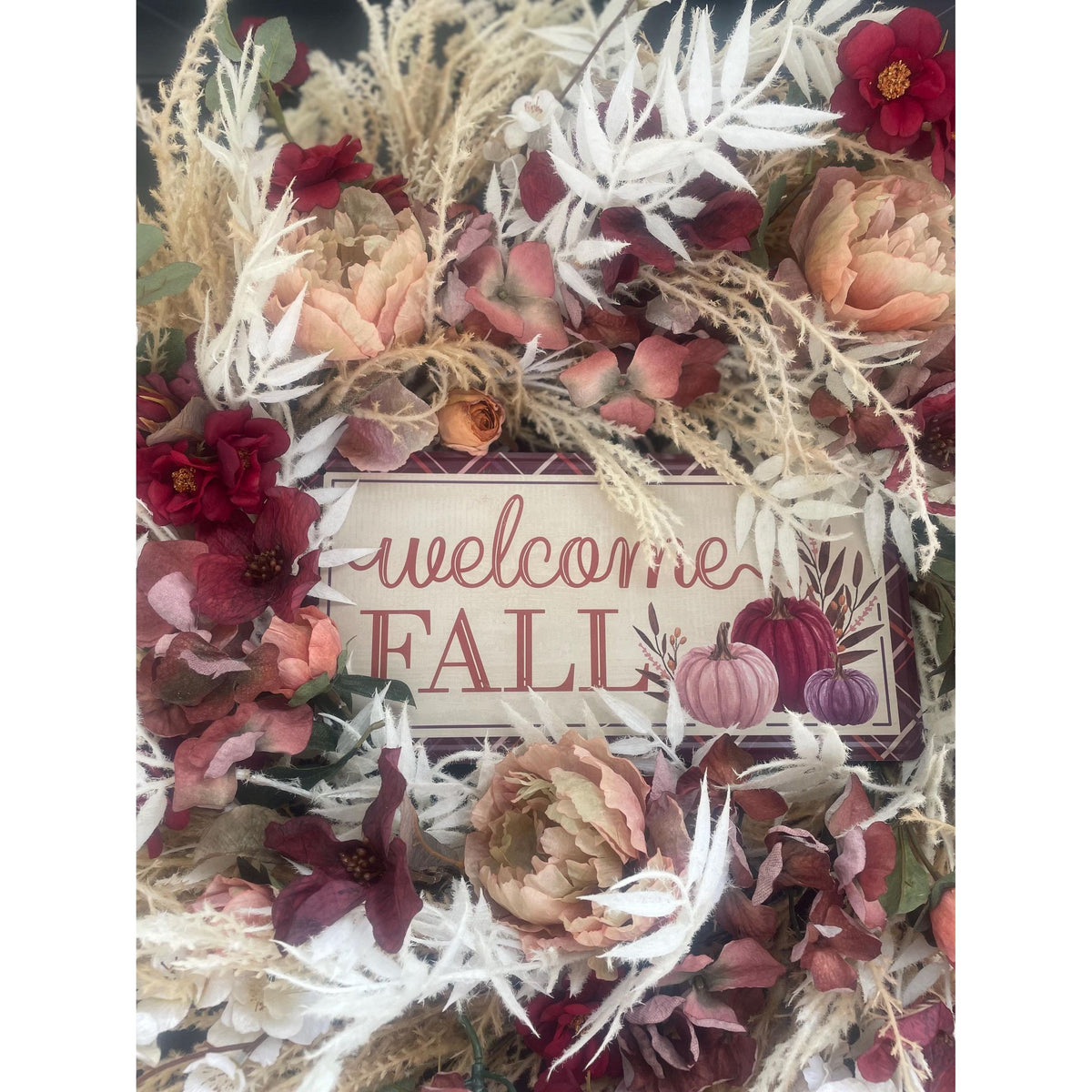 24" LARGE Welcome Fall Wreath, 60cm Autumn Front Door Wreath, Burgundy Cream Floral Harvest Wreath, Rustic Farmhouse Fall Door Decor