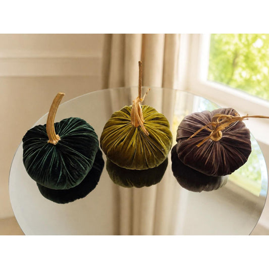 SET 3 X-SMALL Brown Green Fall Silk Velvet Pumpkins, Autumnal Table Decor Autumn Decorations, Handmade Fall Centerpiece