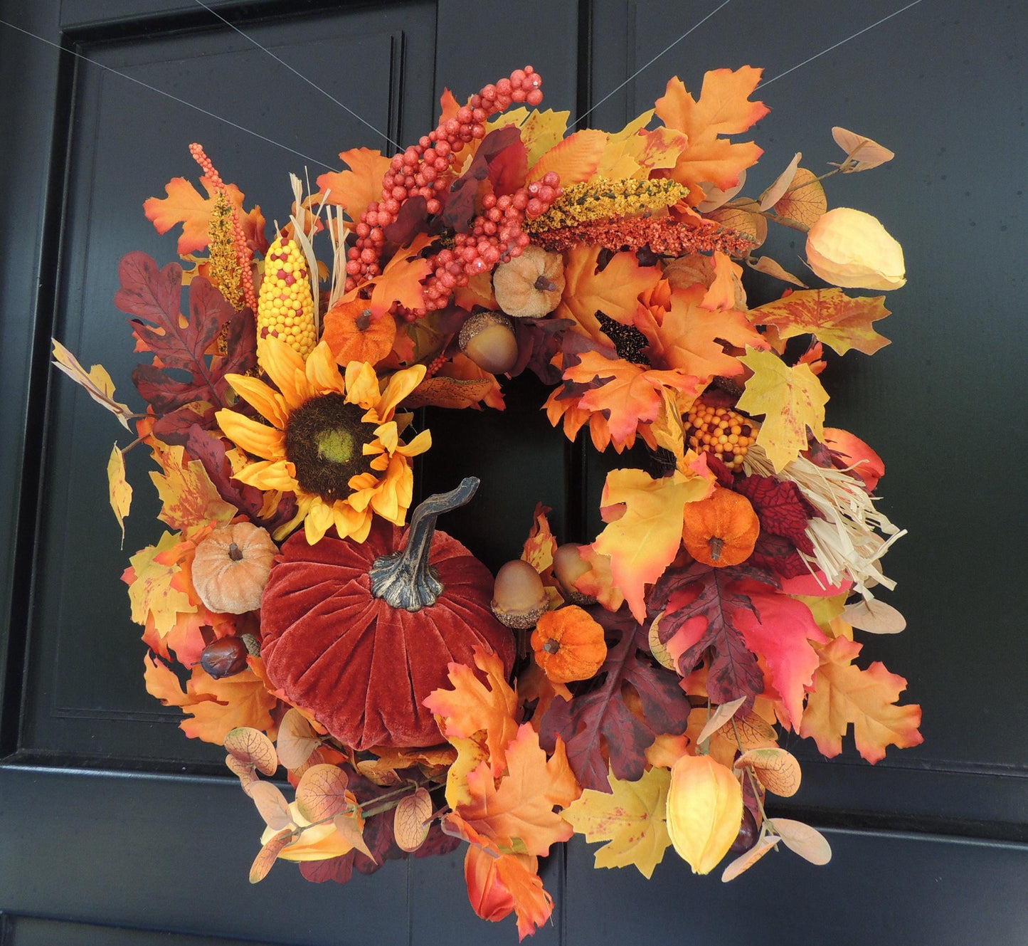 20" Large Velvet Pumpkin Wreath, Autumn Fall Front Door Wreath, Sunflower Harvest Decor, Rustic Thanksgiving Farmhouse Wreath