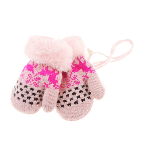 Baby Girls Boys Kids Toddler Children Babies Knit Fleece Thermal Thick Warm Winter Christmas Birthday Gift String Cold Weather Gloves Mitts MIttens 1 2 3 Years Fair Isle Reindeers (All Pink)