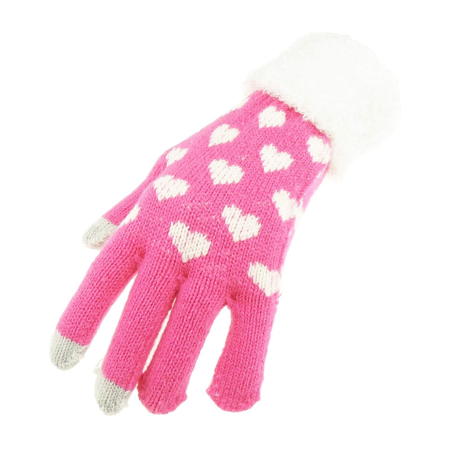 Soft Ladies Womens Girls Thick Knitted Crochet Thermal Fleece Lined Cold Weather Winter Ski Outdoor Hand Warmers Touch Screen Gift Mittens Gloves Mitts Christmas Birthday Hearts (Candy Pink)