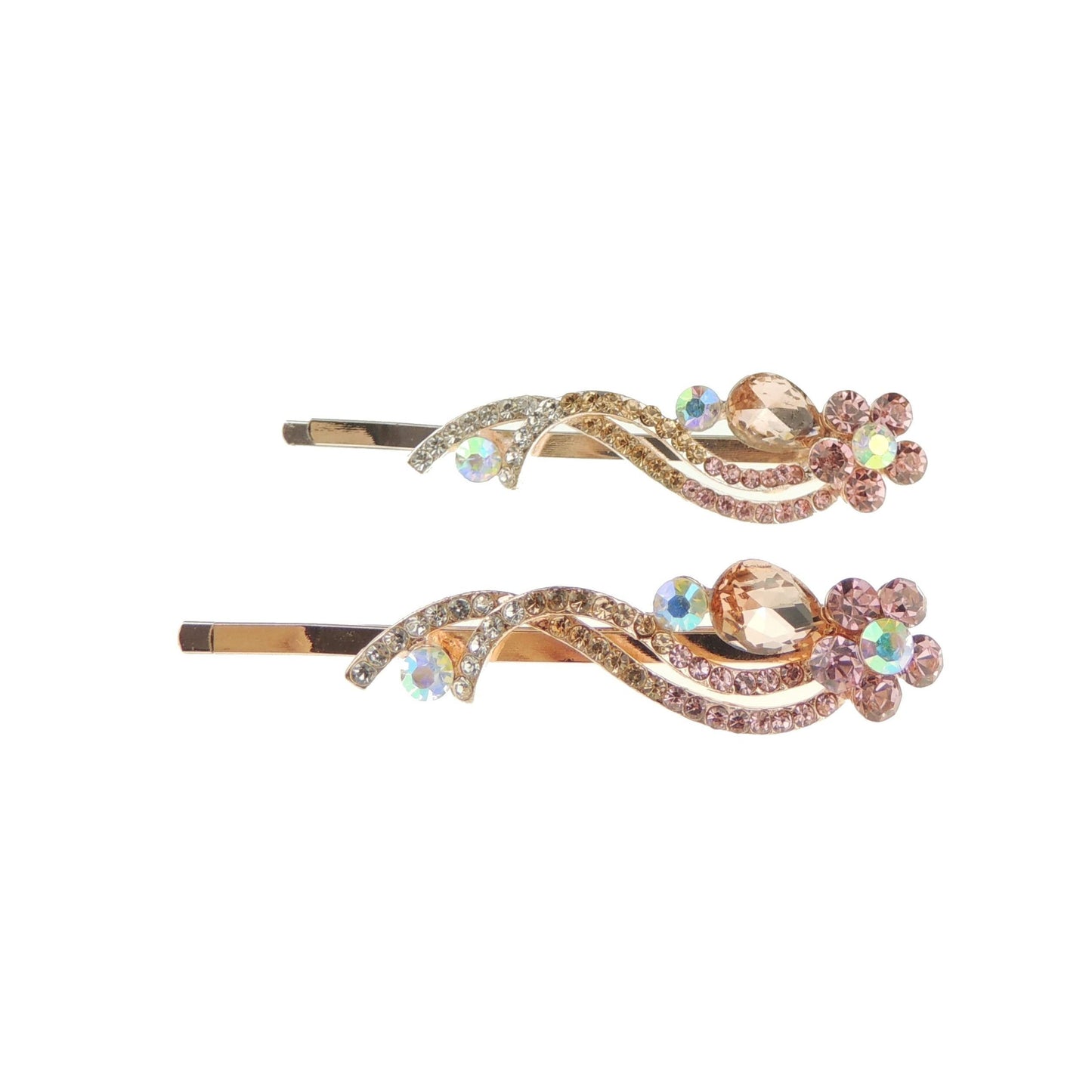 Womens Girls Sparkly Bow Jeweled Crystal Diamante Party Birthday Christmas Bridal Wedding Accessories Slides Hairpin Hair Clips Grips Bobby Pins Swirls Flower Waves Gold Tone Swirls (Pink Clear)