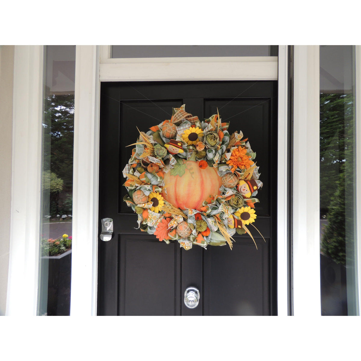 24" Large Autumn Pumpkin Wreath, Fall Harvest Front Door Wreath, Scarecrow Sunflower Thanksgiving Porch Decor, Farmhouse Autumn Decoration