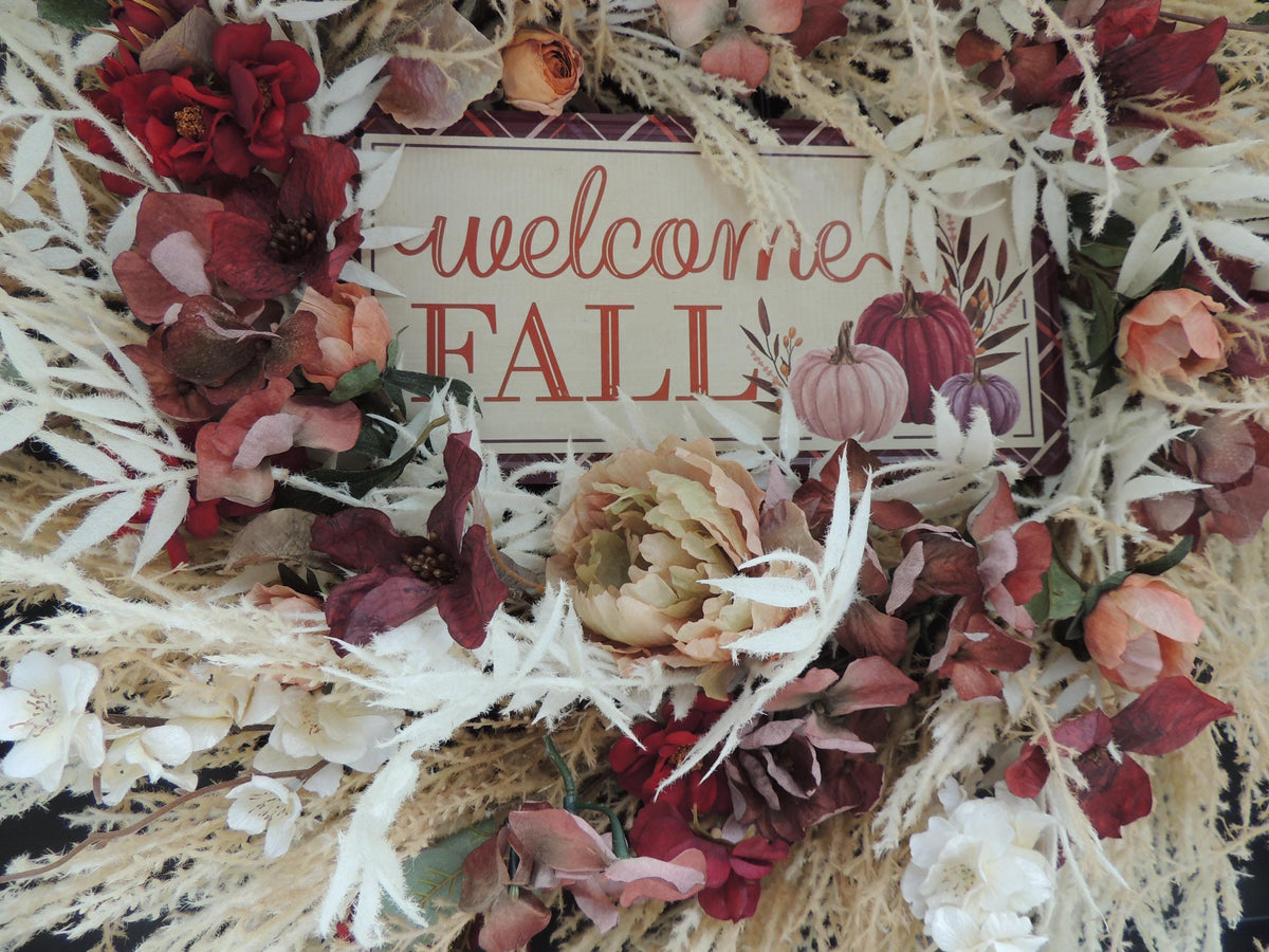 24" LARGE Welcome Fall Wreath, 60cm Autumn Front Door Wreath, Burgundy Cream Floral Harvest Wreath, Rustic Farmhouse Fall Door Decor