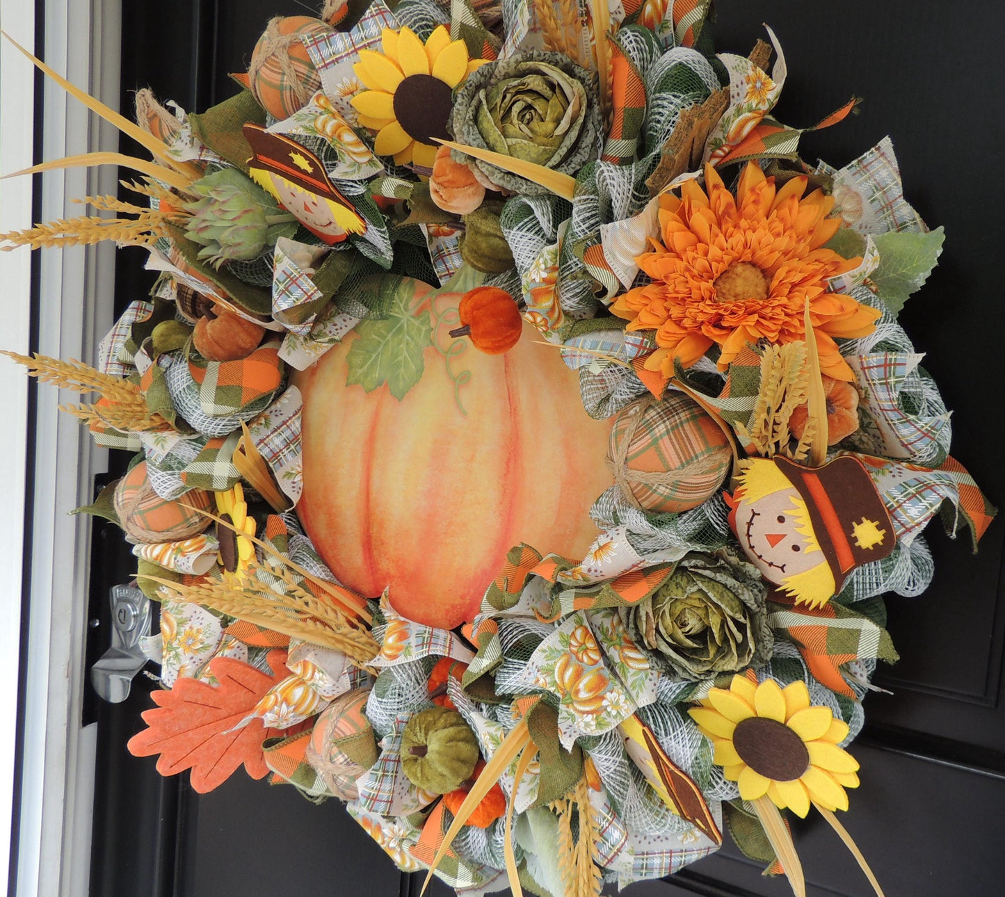 24" Large Autumn Pumpkin Wreath, Fall Harvest Front Door Wreath, Scarecrow Sunflower Thanksgiving Porch Decor, Farmhouse Autumn Decoration