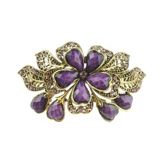 Womens Girls Diamante Crystal Stone Wedding Birthday Party Bridal Wedding Ponytail Fine Medium Hair Accessories Occasion Barrette Hairpin Grip French Spring Clip Vintage Look Gold Tone Metal Floral Rose