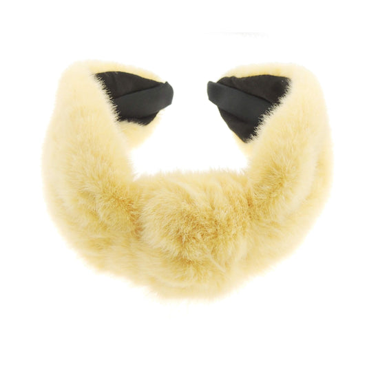 Womens Girls Wide Plush Faux Fur Fabric Boho Turban Top Knot Knotted Twisted Winter Christmas Birthday Wedding Bridesmaid Party Headpiece Accessories Hairband Head Hair Headband Alice Band Pale Yellow