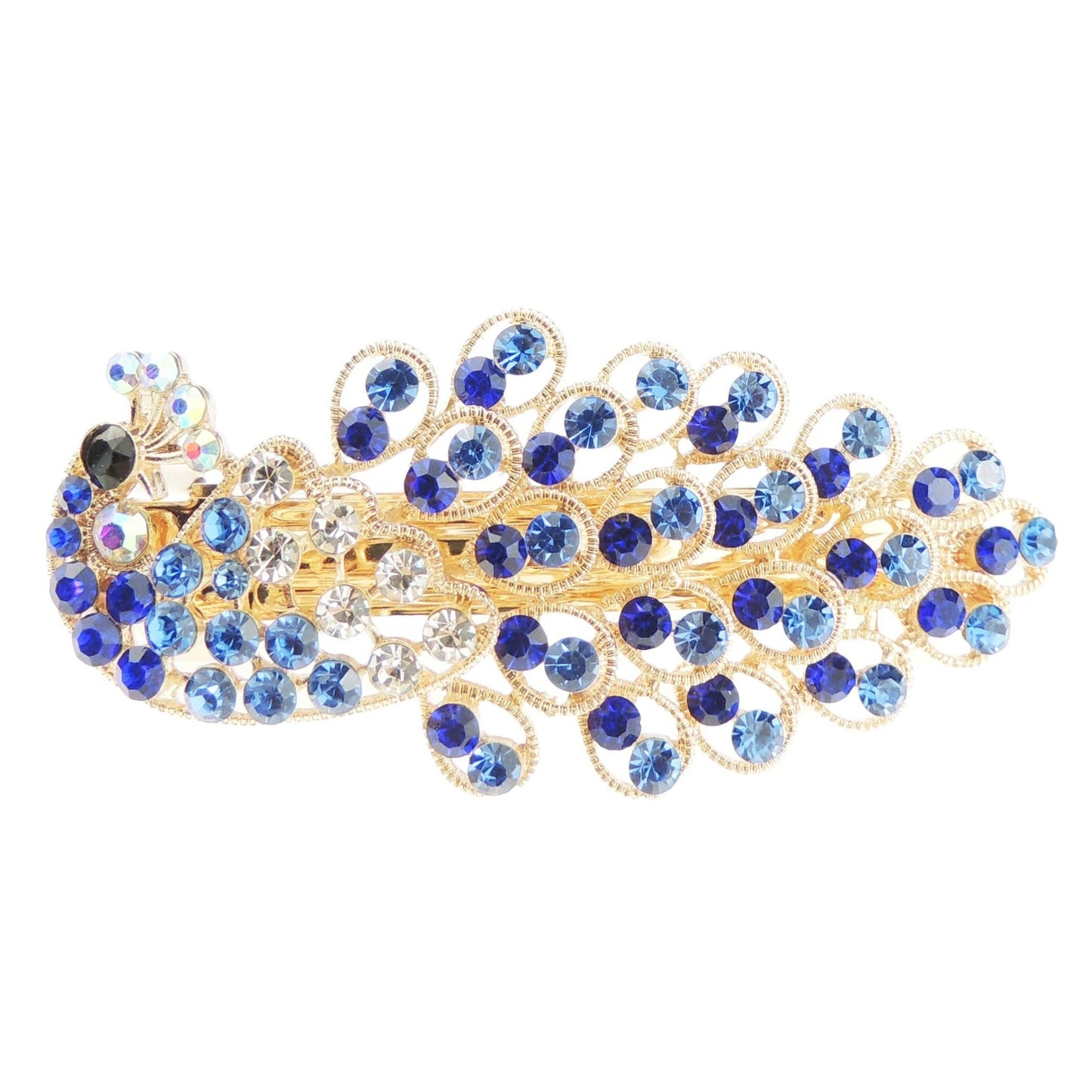 Sparkly Womens Girls Crystal Rhinestone Diamante Wedding Bridal Party Evening Ponytail Fine Hair Accessories Occasion Barrette Hairpin Grip French Metal Spring Clip Peacock Bird Gold Tone (Purple)