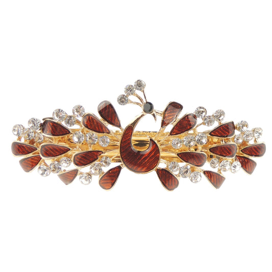 Womens Girls Crystal Rhinestone Diamante Wedding Birthday Party Evening Ponytail Fine Medium Hair Occasion Barrette Hairpin Grip French Spring Clip Metal Enamel Peacock Bird Feathers (Brown)