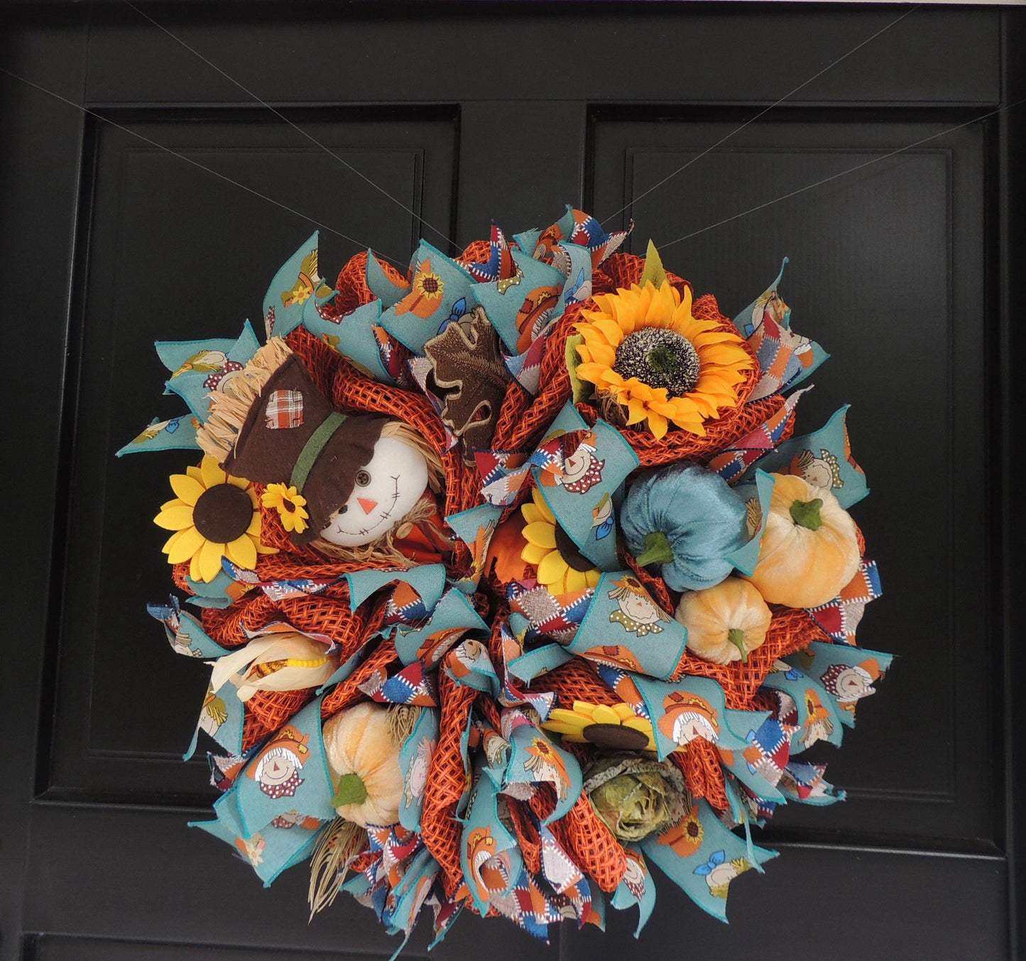 Scarecrow Rustic Fall Wreath Front Door,Pumpkin Handmade Harvest Door Decor,Country Autumn Wreath, Seasonal Decoration Teal Yellow Orange