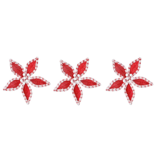 Set of 3 Velvet Sequin Edge Red White Poinsettia Flower Clip Christmas Tree Floral Pick Ornament Xmas Decor Garland Wreath Decoration