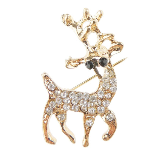 Festive Christmas Xmas Gift Coat Scarf Coat Jacket Shawl Scarf Diamante Rhinestone Crystal Brooch Badge Breastpin Corsage Pin Xmas Gift Boxed Gold Tone Clear SMALL Reindeer