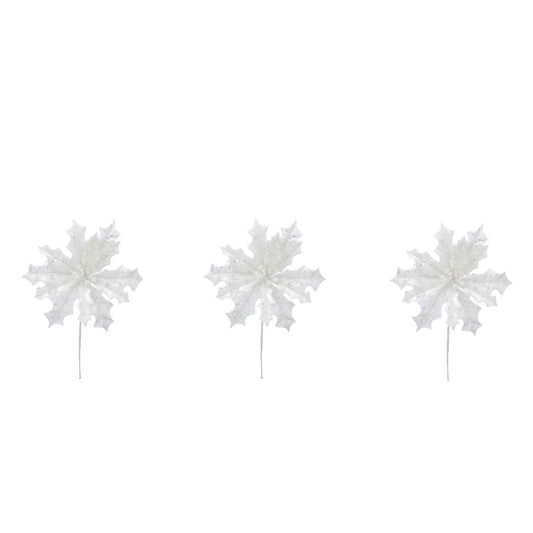 Set of 3 Sparkly Glitter White Poinsettia Flower Christmas Tree Floral Pick Ornament Xmas Decor Garland Wreath Decoration