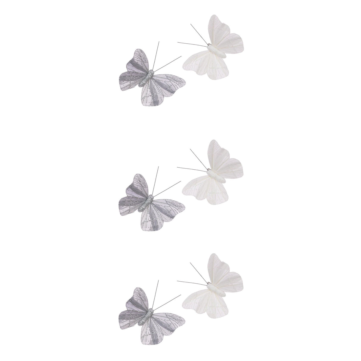 Set of 6 Glitter Feather White Silver Butterfly Clip Shop Theme Ornamnet Christmas Tree Bauble Ornament Xmas Spring Decor Home Decoration