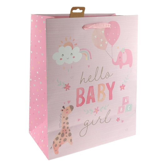 Christening Baptism New Baby Birth Newborn Party Shower Pink Blue Elephant Giraffe With Balloons Baby Girl Boy Hooray Gift Wrap Occasion Present Paper Bag (Pink, Medium)