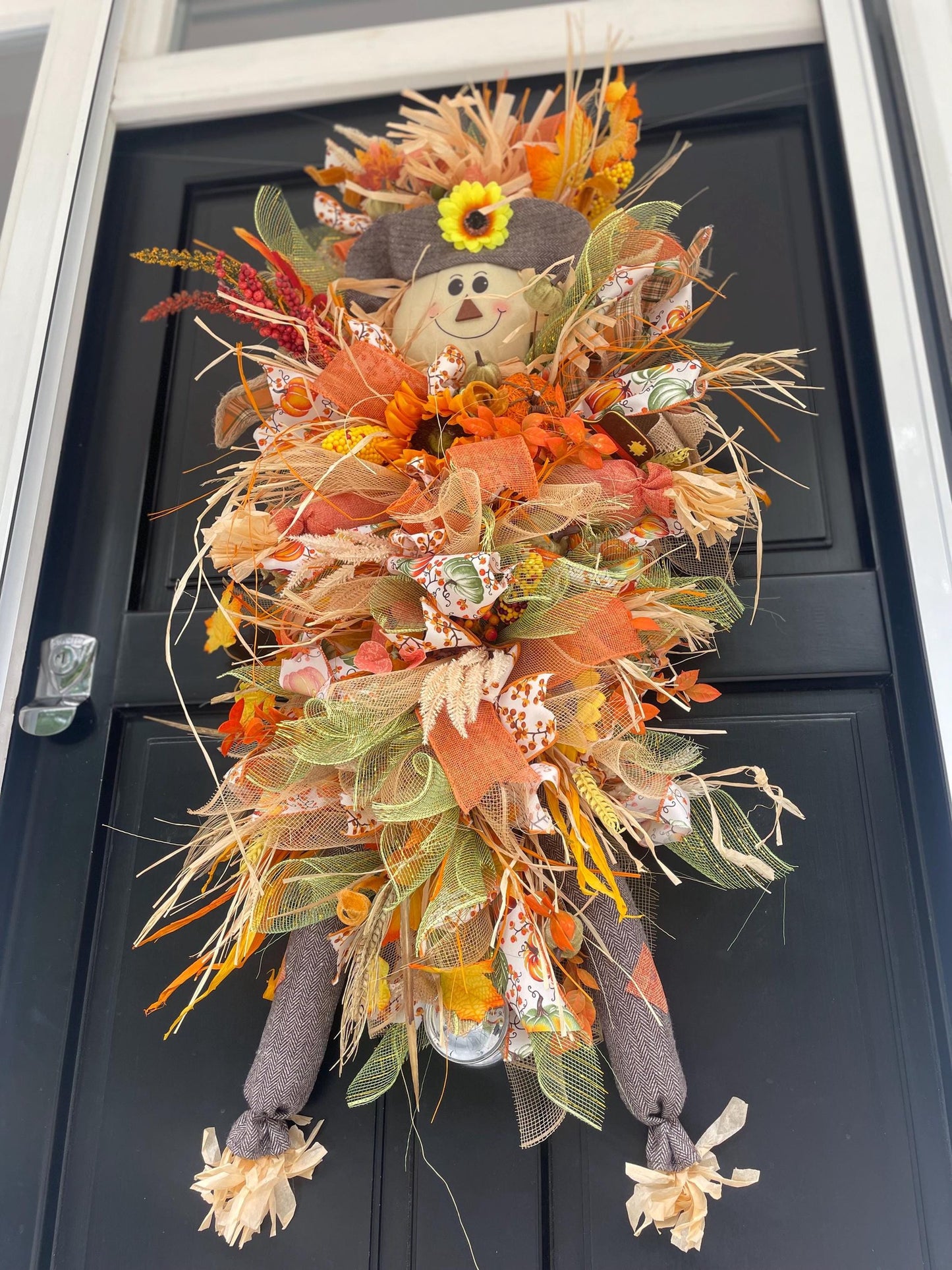 XXL Scarecrow Orange Halloween Front Door Wreath Swag Teardrop Hanger Wall Porch Hanger Handmade House Home Decor Decorations Glam