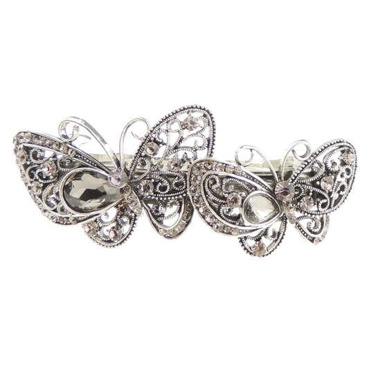 Ladies Silver Tone Vintage Look Crystal Diamante Stencil Barrette Butterflies