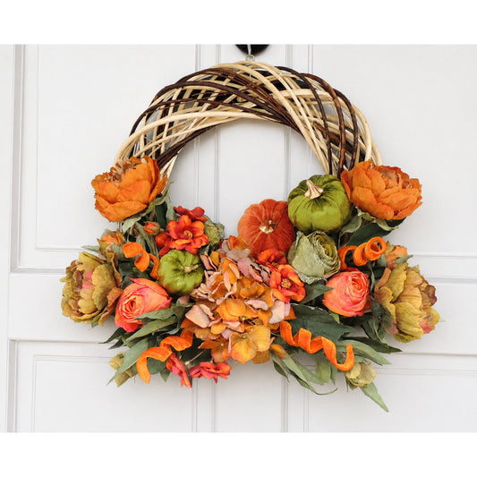 Orange Autumn Pumpkin Door Wreath, Green Fall Swag, Luxury Autumn Front Door Decor,Thanksgiving Wreath, Glam Fall Door Hanger,Harvest Wreath
