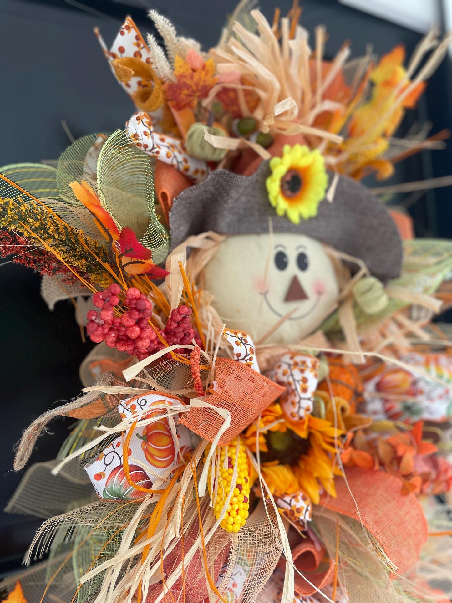 XXL Scarecrow Orange Halloween Front Door Wreath Swag Teardrop Hanger Wall Porch Hanger Handmade House Home Decor Decorations Glam