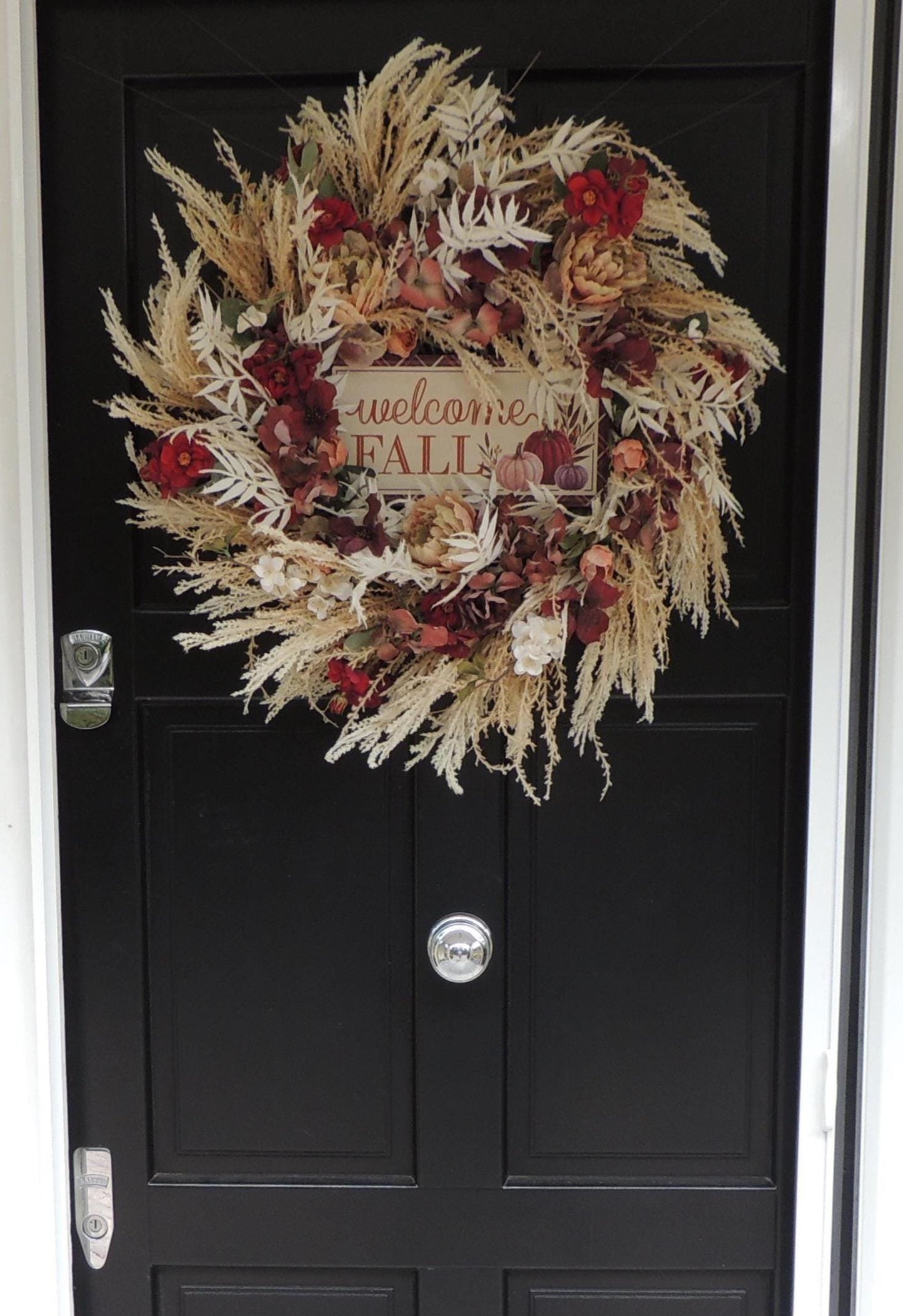 24" LARGE Welcome Fall Wreath, 60cm Autumn Front Door Wreath, Burgundy Cream Floral Harvest Wreath, Rustic Farmhouse Fall Door Decor