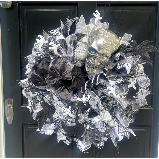 XL SKULL Halloween Front Door Wreath Gothic Hanger Wall Porch Hanger Handmade House Home Decor Decorations Whimsical Skelly Glam Luxury Fall