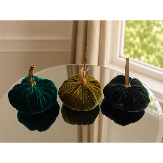 SET 3 X-SMALL Olive Forest Emerald Green Silk Velvet Pumpkins, Cozy Home Decor, Fall Wedding, Thanksgiving, Seasonal Modern Decor
