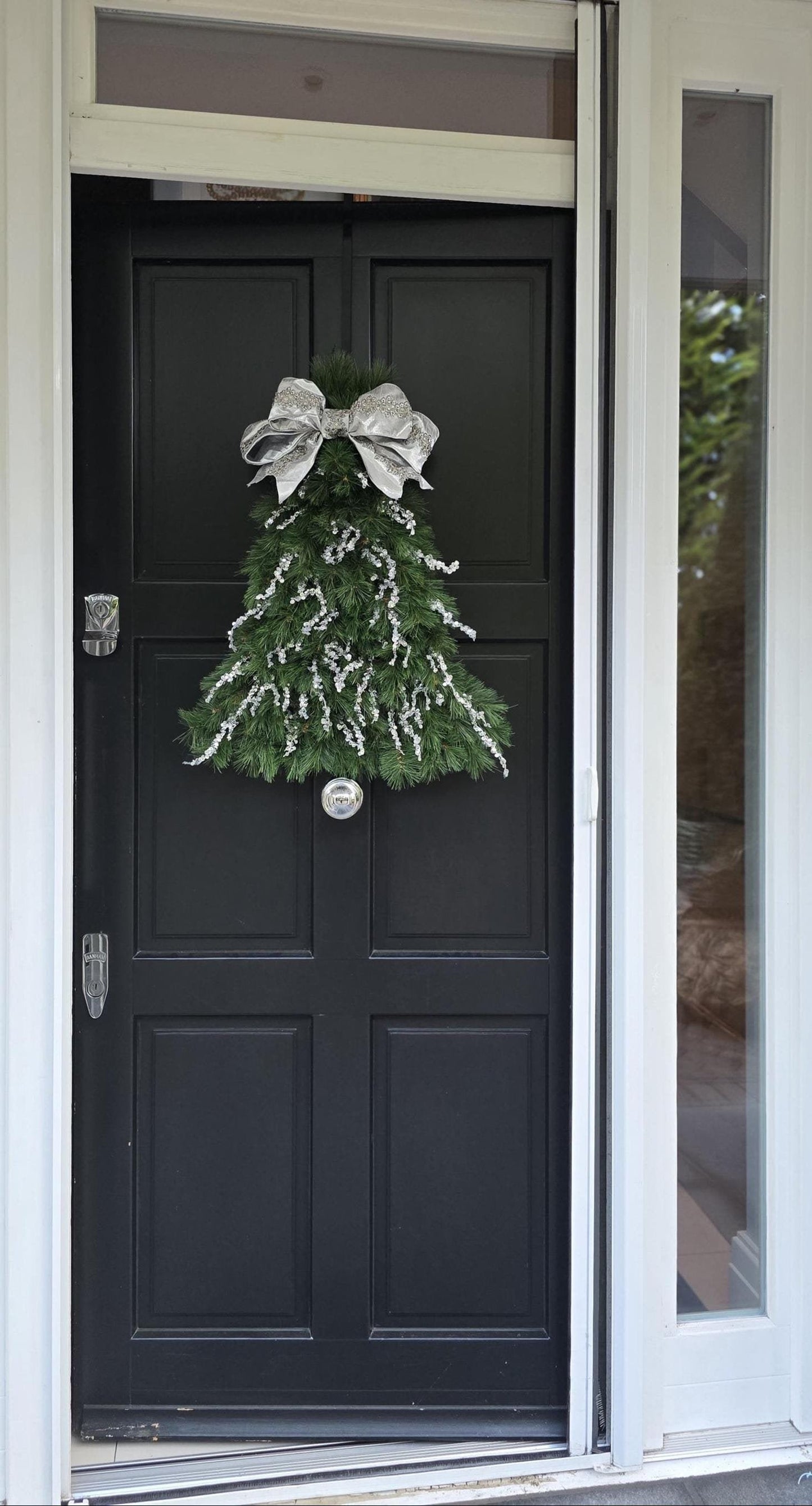 Luxury Christmas Tree Door Swag | Silver Green Christmas Tree Wall Hanging | Designer Front Door Decor | 50cm (20")