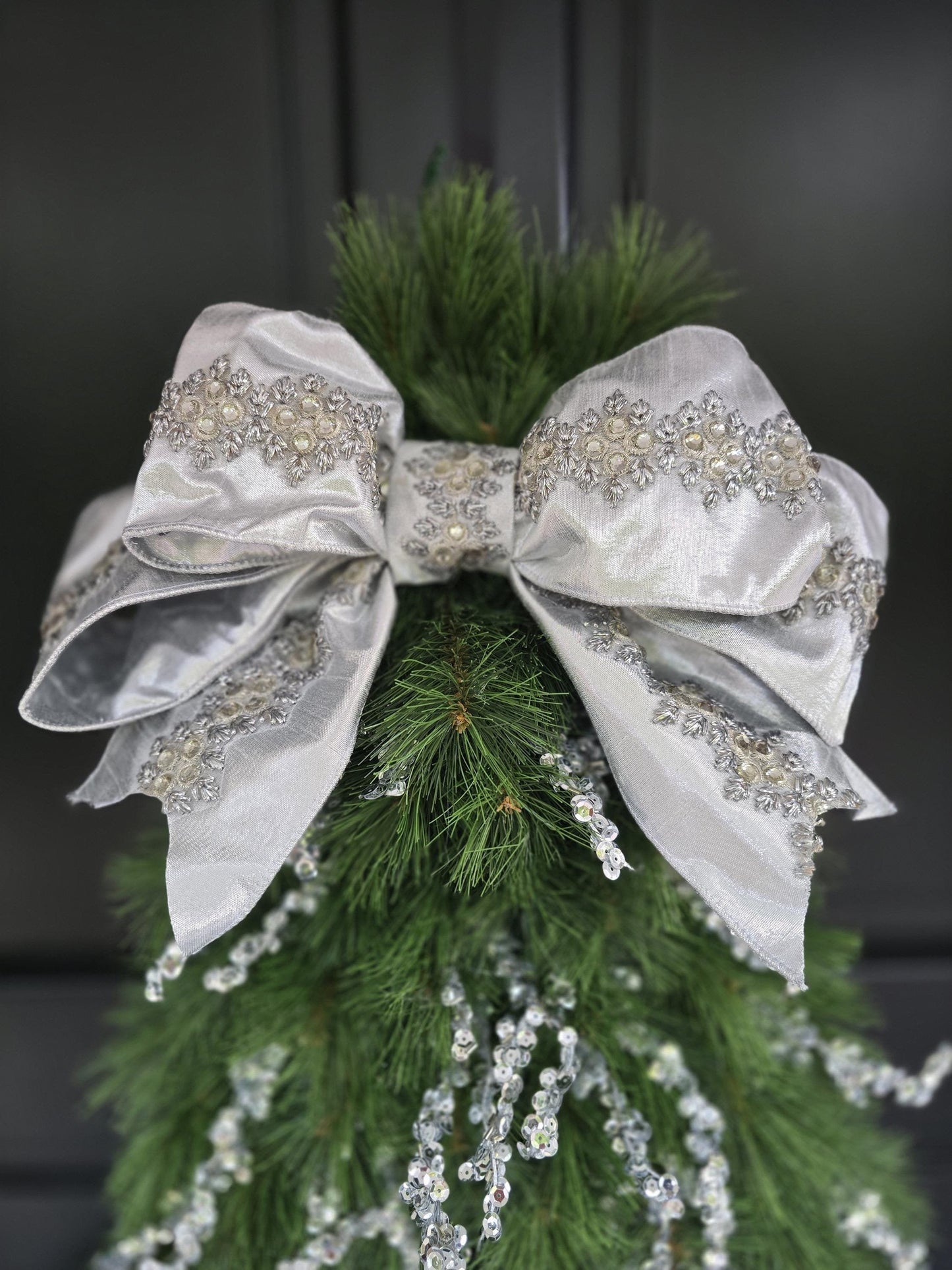 Luxury Christmas Tree Door Swag | Silver Green Christmas Tree Wall Hanging | Designer Front Door Decor | 50cm (20")