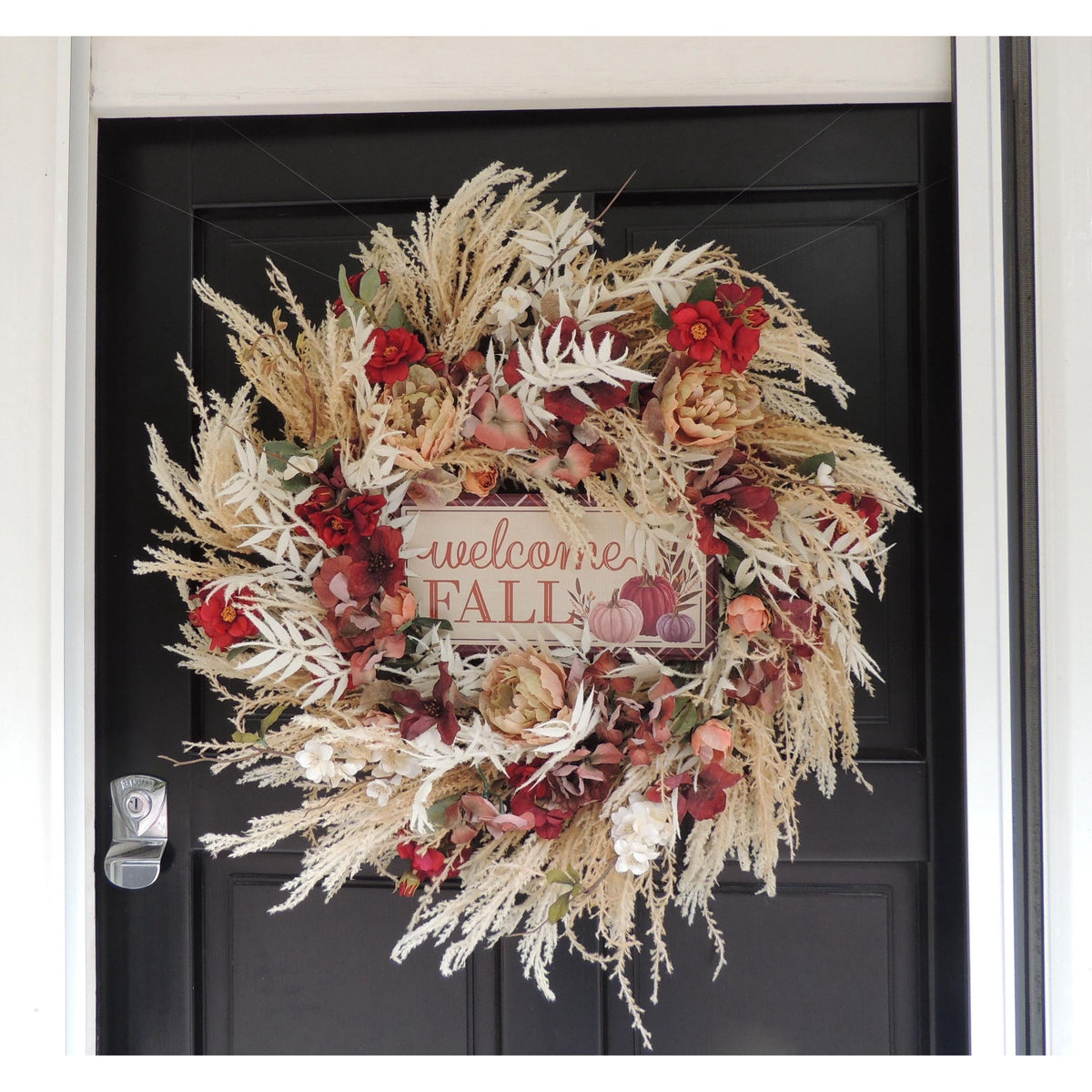 24" LARGE Welcome Fall Wreath, 60cm Autumn Front Door Wreath, Burgundy Cream Floral Harvest Wreath, Rustic Farmhouse Fall Door Decor