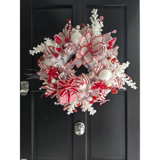 Luxury XL Candy Cane Red White Candy Gift Christmas Wreath Front Door Elegant Home Decorations Xmas Mantle Decor Holiday Wreath Advent Swag