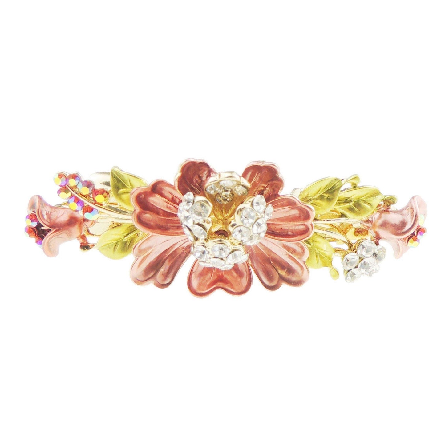 Womens Girls Crystal Rhinestone Diamante Wedding Birthday Party Evening Ponytail Fine Medium Hair Accessories Occasion Barrette Hairpin Grip 7cm French Spring Clip Floral Flower Enamel Beige