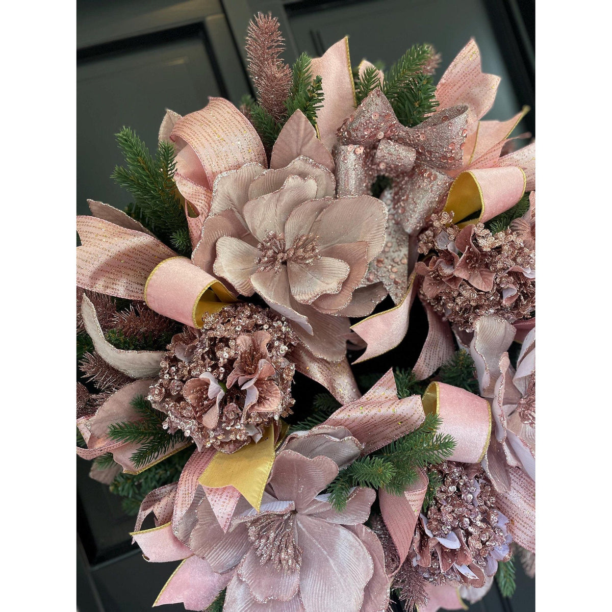 Luxury Blush Pink Christmas Wreath | Elegant Velvet Magnolia Front Door Wreath | 60cm (24")