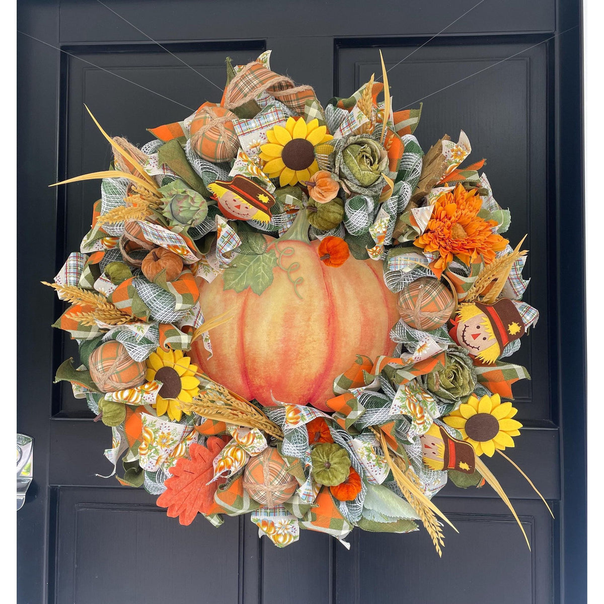 24" Large Autumn Pumpkin Wreath, Fall Harvest Front Door Wreath, Scarecrow Sunflower Thanksgiving Porch Decor, Farmhouse Autumn Decoration