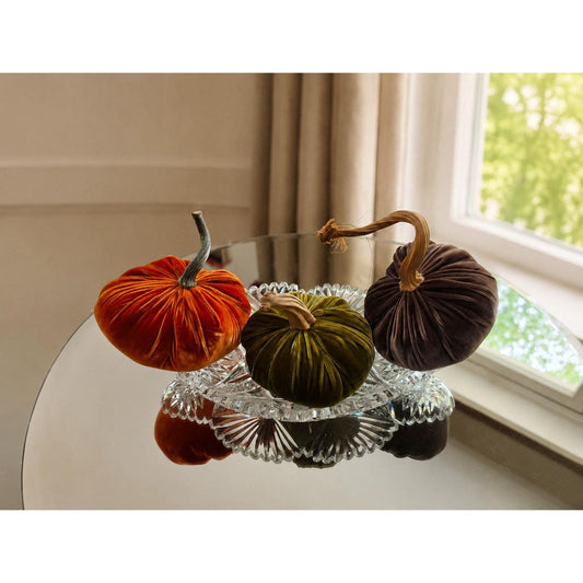 SET 3 X-SMALL Orange Green Brown Silk Velvet Pumpkins, Cozy Home Decor, Fall Wedding, Thanksgiving, Seasonal Modern Decor,Best Selling Item